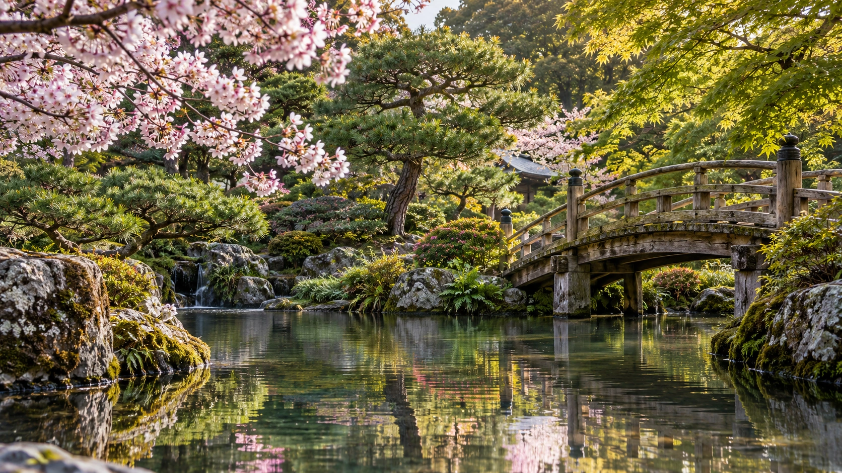 Sakura blossoms reflected in a Japanese garden pond beside a cedar bridge